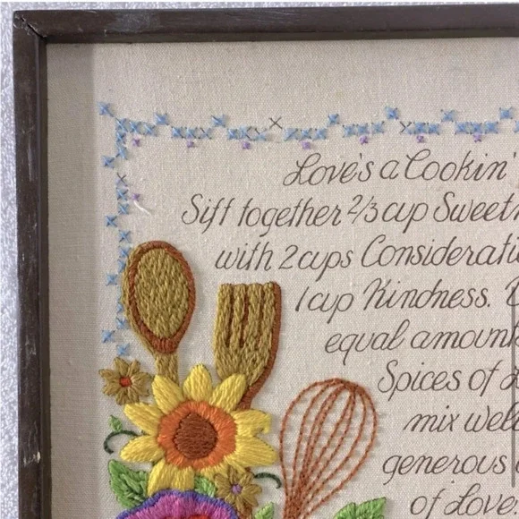 Vintage Handmade Love’s A Cookin’  Recipe Framed Embroidery Art - Picture 6 of 10
